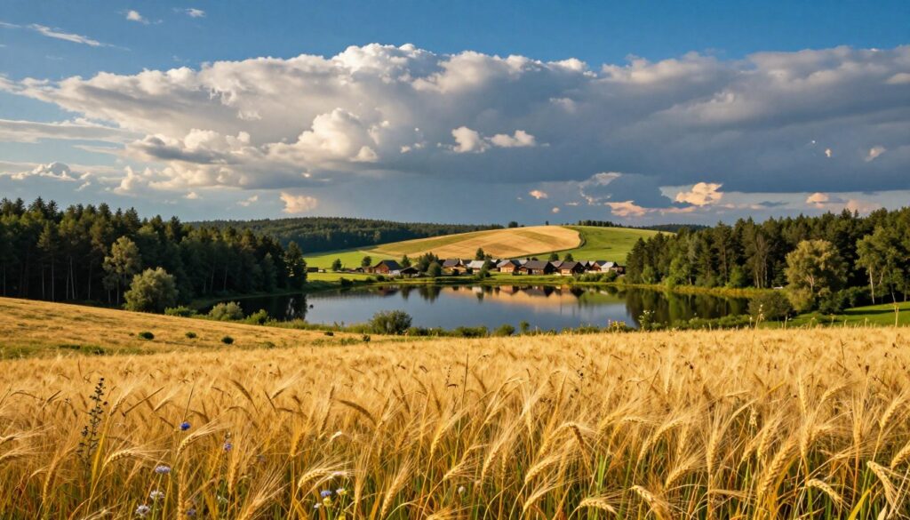 A picturesque landscape of the Wołyń region in Poland, showcasing its distinctive climate. In the foreground, vibrant fields of golden wheat sway gently in the breeze, dotted with wildflowers. The middle ground features a serene lake reflecting the deep blue sky, intertwined with lush green forests on either side. Towering clouds cast dynamic shadows, hinting at a changing weather pattern. In the background, gentle rolling hills lead up to a distant small village with traditional wooden houses, emphasizing the tranquil rural atmosphere. The scene is bathed in soft, warm golden hour lighting, evoking a peaceful and inviting mood, ideal for exploring the beauty of Wołyń’s climate throughout the seasons.