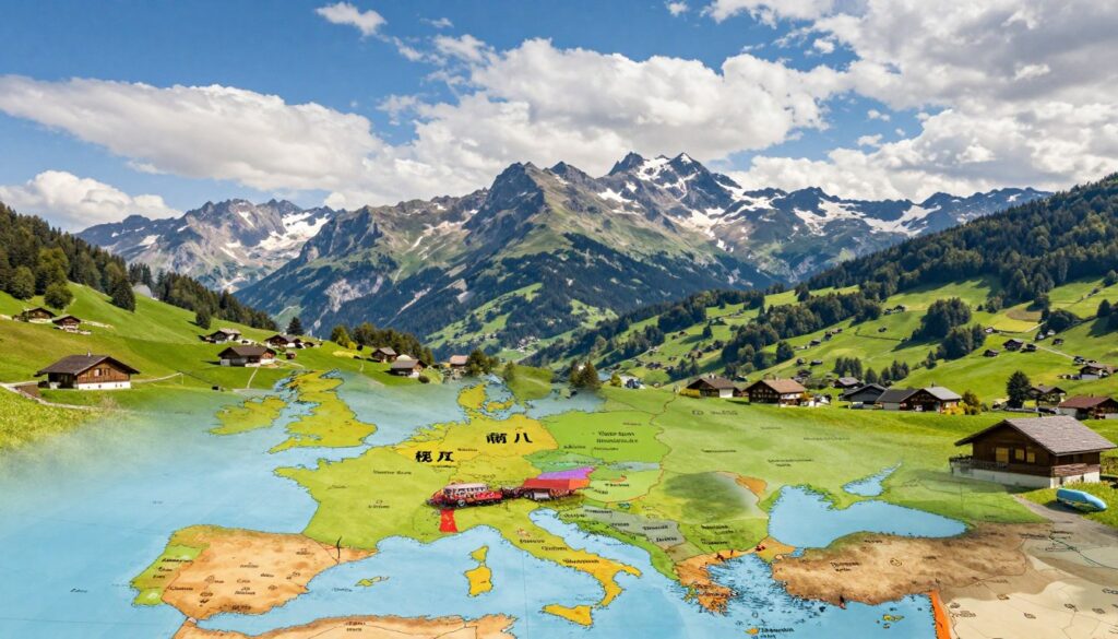 A picturesque scene illustrating the borders of Switzerland, showcasing its neighboring countries: France, Germany, Italy, and Austria. In the foreground, an accurate and colorful map of Switzerland highlights these borders, featuring iconic landmarks from each neighboring country. The middle layer should depict the stunning Swiss Alps and lush green valleys, with quaint villages nestled at the foot of the mountains. The background should include a clear blue sky with soft, fluffy clouds, conveying a serene atmosphere. Utilize natural lighting to emphasize the beauty of the landscape, with a wide-angle perspective to capture the expansive geography. The mood should evoke a sense of adventure and curiosity about Switzerland's unique location in Europe, perfect for travel enthusiasts.