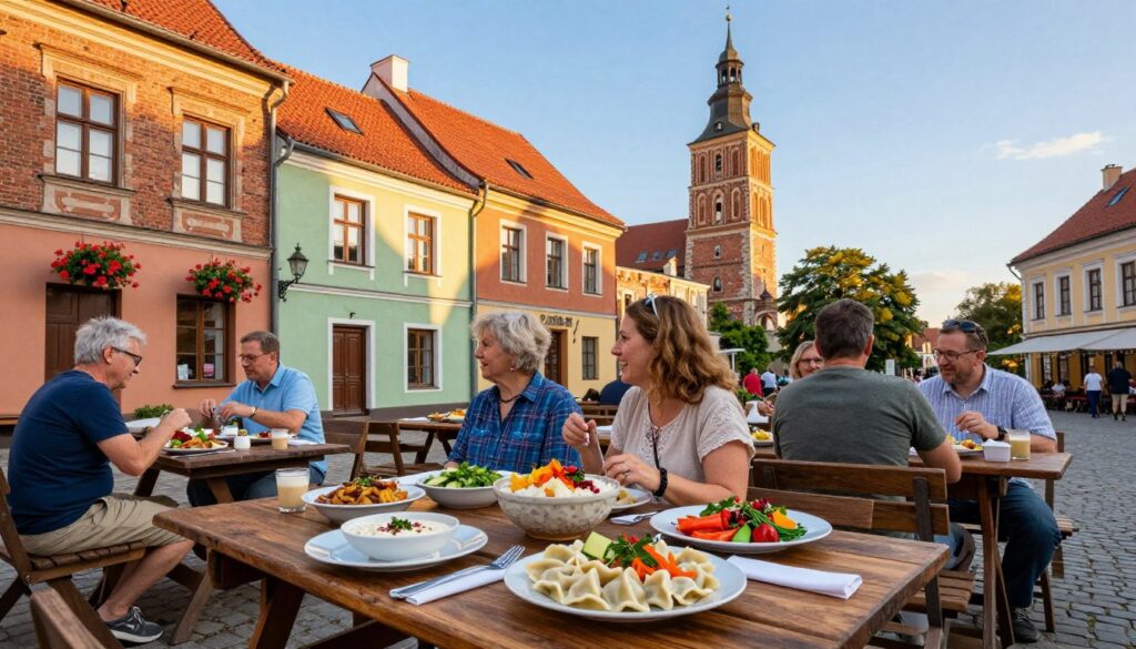 A picturesque street scene in the Old Town of Olsztyn, showcasing a charming outdoor dining area filled with local flavors. In the foreground, a rustic wooden table adorned with traditional Warmian dishes like pierogi, żurek, and seasonal vegetables. People in modest casual attire, enjoying their meals and laughing, adding a sense of warmth and community. The middle ground features quaint brick buildings with colorful facades, detailed window frames, and hanging flower baskets, evoking a cozy atmosphere. In the background, the iconic Olsztyn Castle towers under a clear blue sky, bathed in soft, golden evening light. The image captures a vibrant yet inviting mood, perfect for illustrating local culinary experiences after a day of exploration.