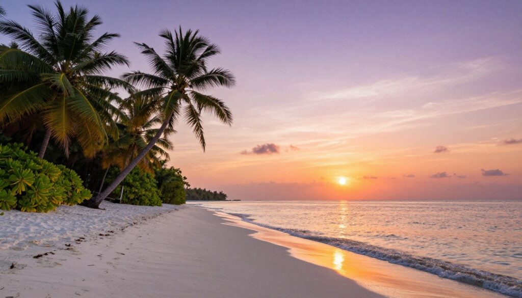 A picturesque tropical landscape of the Maldives during the golden hour, capturing the vibrant sun setting on the horizon. In the foreground, a pristine white sandy beach with gentle waves lapping at the shore. The middle ground features lush green palm trees swaying gently in a warm breeze, their silhouettes illuminated by the soft, warm light of the setting sun. In the background, the vast Indian Ocean reflects shades of orange, pink, and purple, creating a breathtaking gradient in the sky. The scene exudes tranquility and paradise, with a mood of relaxation and warmth, inviting viewers to imagine the ideal vacation. Focus on high detail, warm lighting, and a wide-angle perspective to enhance the sense of openness and beauty. A picturesque tropical landscape of the Maldives during the golden hour, capturing the vibrant sun setting on the horizon. In the foreground, a pristine white sandy beach with gentle waves lapping at the shore. The middle ground features lush green palm trees swaying gently in a warm breeze, their silhouettes illuminated by the soft, warm light of the setting sun. In the background, the vast Indian Ocean reflects shades of orange, pink, and purple, creating a breathtaking gradient in the sky. The scene exudes tranquility and paradise, with a mood of relaxation and warmth, inviting viewers to imagine the ideal vacation. Focus on high detail, warm lighting, and a wide-angle perspective to enhance the sense of openness and beauty.