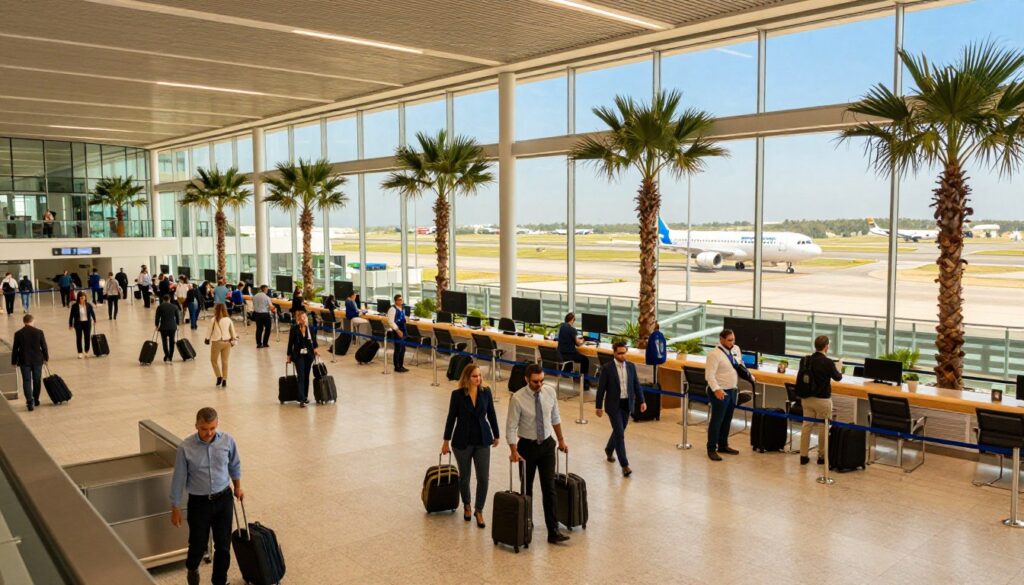 A picturesque view of an airport in Cyprus, showcasing its modern architecture and vibrant surroundings. In the foreground, a busy check-in area filled with travelers dressed in professional business attire and modest casual clothing, with luggage in hand. The middle ground features a spacious terminal adorned with palm trees and large windows allowing natural light to flood in, creating a welcoming atmosphere. In the background, a runway with airplanes ready for departure under a clear blue sky, conveying the sense of adventure and travel. Use soft, warm lighting to enhance the feeling of excitement. The angle should be slightly tilted from above, capturing the bustling energy of the scene while still emphasizing the beauty of the airport environment. A picturesque view of an airport in Cyprus, showcasing its modern architecture and vibrant surroundings. In the foreground, a busy check-in area filled with travelers dressed in professional business attire and modest casual clothing, with luggage in hand. The middle ground features a spacious terminal adorned with palm trees and large windows allowing natural light to flood in, creating a welcoming atmosphere. In the background, a runway with airplanes ready for departure under a clear blue sky, conveying the sense of adventure and travel. Use soft, warm lighting to enhance the feeling of excitement. The angle should be slightly tilted from above, capturing the bustling energy of the scene while still emphasizing the beauty of the airport environment.