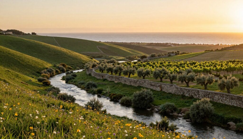 A picturesque view of the Spain-Portugal border, showcasing the diverse landscapes that highlight their geographical distinction. In the foreground, depict a winding river carving through lush green hills, lined with vibrant wildflowers. The middle ground features a charming rustic stone wall marking the border, with olive trees and vineyards that symbolize the region's agricultural heritage. In the background, the rolling hills transition into the vast Atlantic Ocean, shimmering under a warm golden sunset. Use soft, warm lighting to create a peaceful atmosphere, capturing the serenity of this border area. A slight aerial perspective emphasizes the natural beauty and the intricate relationship between land, water, and agriculture, evoking a sense of harmony and tranquillity.
