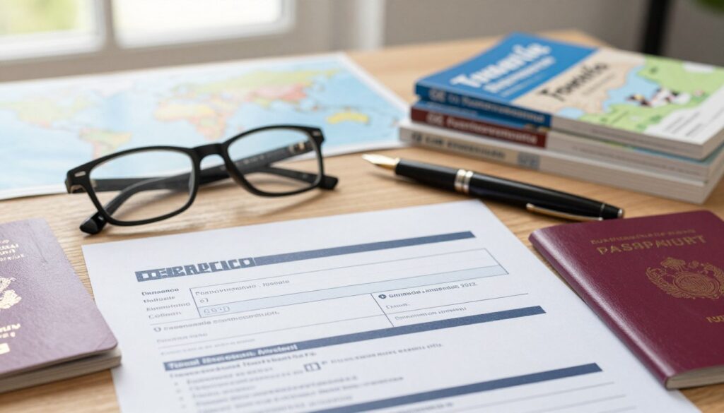 A professional business setting showing a close-up of a visa application form and important travel documents spread on a wooden desk. In the foreground, a neatly filled visa form with a focus on the header and essential fields, accompanied by a passport with a visible stamp. The middle layer includes a pair of reading glasses and a fountain pen, symbolizing attention to detail. In the background, a blurred world map and stacked travel guides about Tenerife, Fuerteventura, and Gran Canaria, softly illuminated by natural light from a nearby window, creating an inviting atmosphere. The mood is organized and informative, ideal for conveying important travel requirements for individuals from outside the European Union. A professional business setting showing a close-up of a visa application form and important travel documents spread on a wooden desk. In the foreground, a neatly filled visa form with a focus on the header and essential fields, accompanied by a passport with a visible stamp. The middle layer includes a pair of reading glasses and a fountain pen, symbolizing attention to detail. In the background, a blurred world map and stacked travel guides about Tenerife, Fuerteventura, and Gran Canaria, softly illuminated by natural light from a nearby window, creating an inviting atmosphere. The mood is organized and informative, ideal for conveying important travel requirements for individuals from outside the European Union.