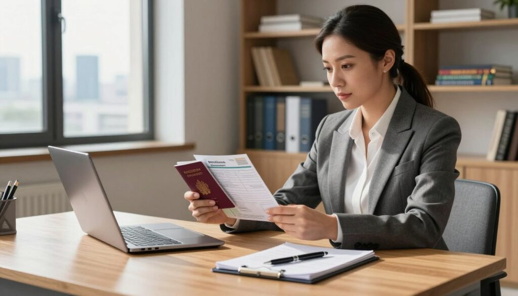 A professional office setting in Germany, featuring a stylish wooden desk with a laptop open and a notepad with a pen resting beside it. In the foreground, a well-dressed businesswoman in a tailored suit examines travel documents, including a passport and visa, symbolizing the concept of business travel and residency. The middle ground includes an elegant office window showcasing a view of the city skyline. In the background, a well-organized shelf with books and travel guides reflects a professional atmosphere. Soft, natural lighting streams through the window, casting gentle shadows and creating a warm ambiance. The mood is focused and determined, reflecting the importance of proper documentation for business trips and longer stays in Germany.