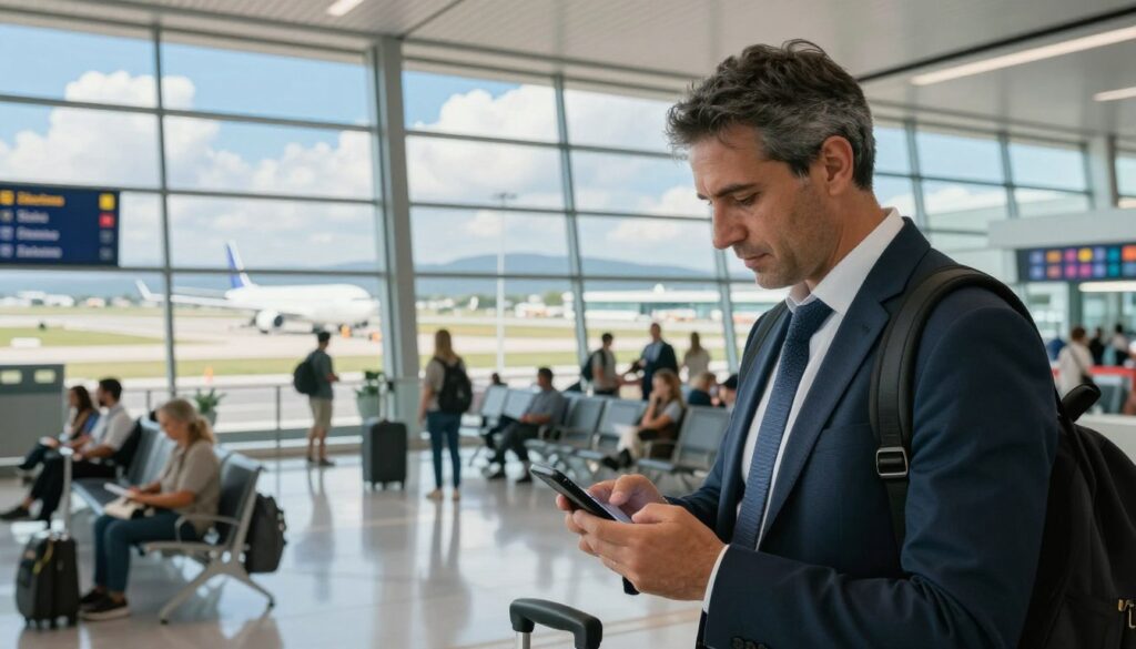 A professional traveler at an airport transition area, focused on their flight connections to Zakynthos. Foreground features the traveler, a middle-aged man in business attire, checking flight details on his mobile device. In the middle ground, a busy airport terminal bustling with travelers and modern amenities, with clear signage indicating various flight destinations, including Zakynthos. The background showcases large windows with a view of planes taxiing on the runway, blue skies, and fluffy clouds, illustrating a bright and optimistic travel atmosphere. The lighting is natural and bright, enhancing the vibrant environment. The overall mood is one of anticipation and excitement for an upcoming journey, capturing the essence of a layover experience.
