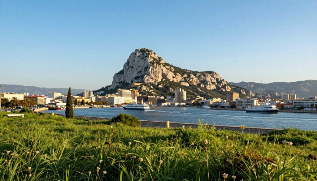 A scenic view of Gibraltar in the southern region of Spain, showcasing the iconic Rock of Gibraltar towering majestically against a clear blue sky. In the foreground, lush green grass and scattered wildflowers create a vibrant landscape. The middle ground features the strategic strait with boats gently navigating the waters, symbolizing the busy maritime activity. In the background, the silhouette of the Spanish coastline emerges softly with hints of distant mountains. The light is warm and inviting, casting gentle shadows that enhance the natural beauty of the scene. The overall atmosphere is peaceful yet dynamic, reflecting the importance of this unique geographical connection between Europe and Africa. The image composition focuses on capturing the essence of Gibraltar’s significance and charm, with a landscape shot that highlights its remarkable features.