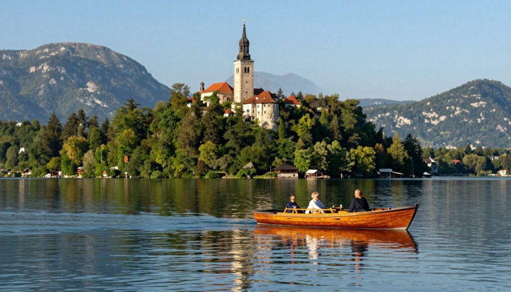 A scenic view of Lake Bled in Slovenia, featuring the iconic Bled Castle perched atop a cliff in the background. In the foreground, a tranquil lake reflects the blue sky and surrounding lush green forests. The middle ground includes a traditional wooden pletna boat gently gliding across the water, with visitors in smart casual attire enjoying the ride. The atmosphere is serene and inviting, with soft, warm lighting suggesting a late afternoon sun. The composition highlights the lake's vibrant colors, the mountainous landscape, and the historical architecture of the castle. Aim for a panoramic shot, capturing both the beauty and allure of this popular tourist destination, evoking a sense of relaxation and exploration.