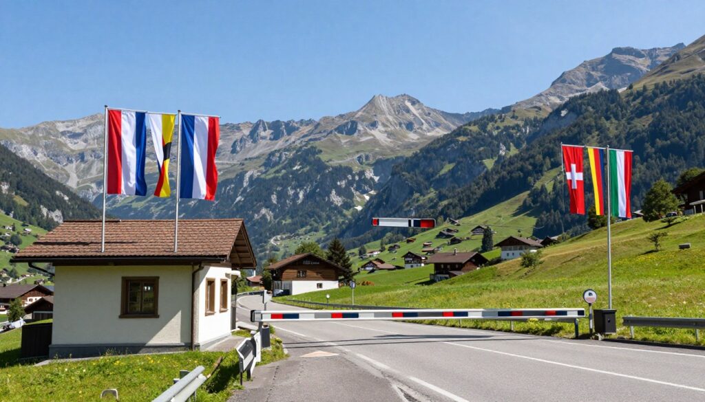 A scenic view of Switzerland's borders, showcasing a well-maintained border crossing between Switzerland and its neighbors, such as France, Germany, and Italy. In the foreground, depict a quaint border checkpoint with a small building, flags of the neighboring countries fluttering gently in the breeze. The middle ground includes a panoramic view of the Swiss Alps, with green valleys and roads winding through picturesque landscapes. The background should feature distant mountains under a clear blue sky, with soft, natural lighting emphasizing the serene atmosphere. Capture the mood of travel and exploration, highlighting how Switzerland's location and borders affect transportation and accessibility. The scene should feel inviting and scenic, perfect for travelers.