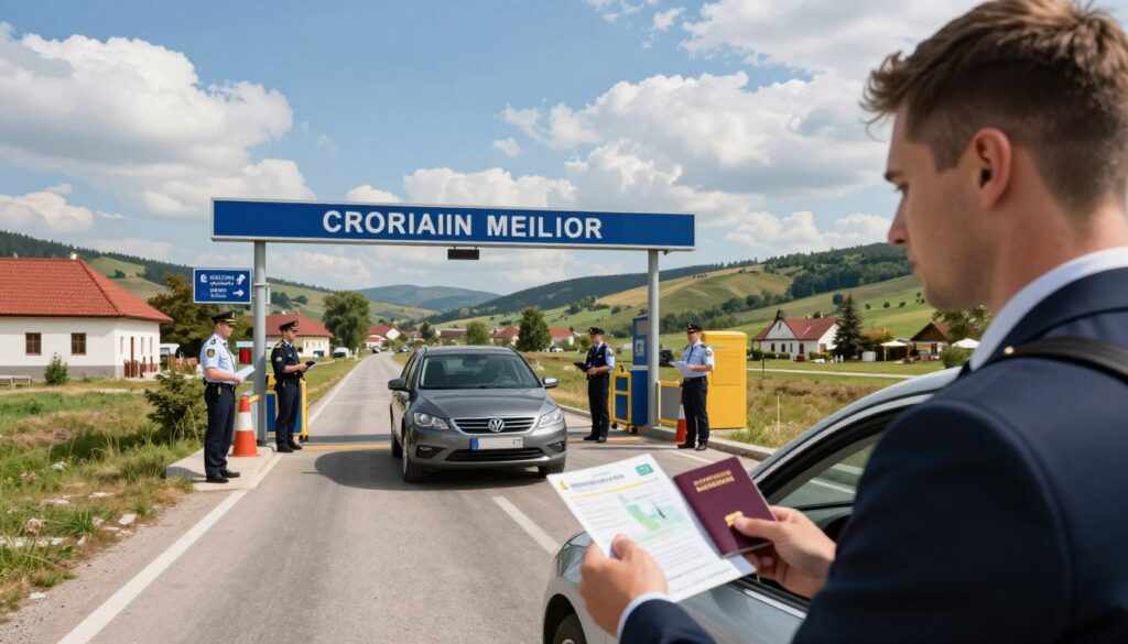 A scenic view of a border checkpoint in Romania, showcasing a car approaching the entrance gate. In the foreground, a driver, dressed in professional business attire, holds travel documents, including a passport and vehicle registration, looking determined and prepared. The middle ground features clear signage indicating customs and immigration, flanked by official officers in uniform, checking documents. In the background, picturesque Romanian hills and traditional architecture are visible under a bright, blue sky with soft clouds, creating a warm, welcoming atmosphere. The lighting is natural, emphasizing the excitement of travel and exploration. The angle is slightly elevated, providing a comprehensive view of the checkpoint scene.