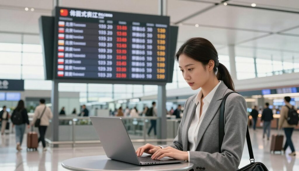 A serene airport scene illustrating the costs of flights from China to Poland. In the foreground, an elegant businesswoman in professional attire, analyzing prices on her laptop. In the middle ground, a digital display board showing flight times and costs from major cities like Beijing and Warsaw, with various currencies reflecting price differences. The background features a bustling airport terminal with travelers, modern architecture, and large windows letting in bright, natural light. The atmosphere is focused and productive, capturing the essence of careful planning for travel budgets. The image should be bright and inviting, with a clear depth of field that emphasizes the central action while maintaining a soft focus on the background. A serene airport scene illustrating the costs of flights from China to Poland. In the foreground, an elegant businesswoman in professional attire, analyzing prices on her laptop. In the middle ground, a digital display board showing flight times and costs from major cities like Beijing and Warsaw, with various currencies reflecting price differences. The background features a bustling airport terminal with travelers, modern architecture, and large windows letting in bright, natural light. The atmosphere is focused and productive, capturing the essence of careful planning for travel budgets. The image should be bright and inviting, with a clear depth of field that emphasizes the central action while maintaining a soft focus on the background.