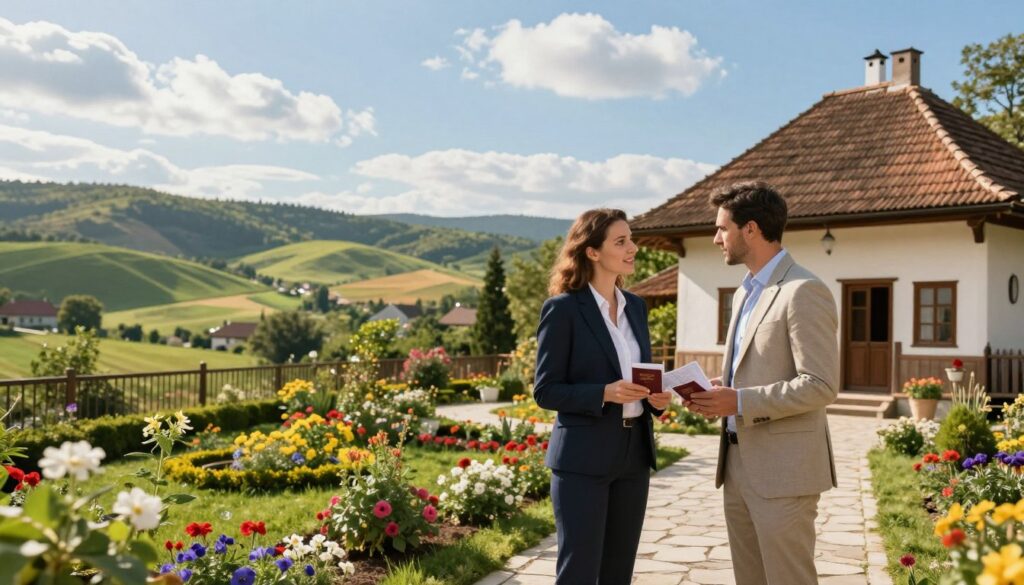A serene, countryside scene in Serbia, showcasing a picturesque view of rolling hills and traditional Serbian architecture. In the foreground, a well-groomed garden with colorful flowers and a stone walkway leading to a charming guesthouse, symbolizing hospitality. In the middle ground, a couple of travelers dressed in professional business attire, holding a passport and visa papers as they discuss their stay. The background captures a clear blue sky with fluffy clouds, while the sun casts a warm, golden light, creating a welcoming atmosphere. The image should convey the essence of travel, relaxation, and cultural exploration, emphasizing the beauty and accessibility of Serbia for visitors.