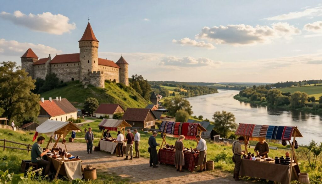 A serene medieval landscape of Wołyń during the Halicko-Wołyń period, showcasing a bustling village scene. In the foreground, a group of merchants in modest casual clothing barters goods, with intricately designed wooden stalls filled with colorful textiles and pottery. The middle ground features a stone fortified castle atop a hill, surrounded by lush greenery, symbolizing the region's historical significance. In the background, a vast, tranquil river flows, reflecting the soft golden light of a late afternoon sun, creating a warm and inviting atmosphere. The sky is clear with fluffy clouds, enhancing the peaceful mood. The image should be captured with a wide-angle lens to convey depth and richness in detail.