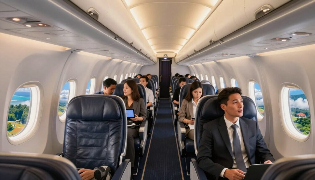 A spacious airplane cabin interior of a Boeing Dreamliner, showcasing comfortable leather seats, large windows revealing a stunning aerial view of Thailand’s vibrant landscape with lush greenery and coastline. Soft, warm lighting emanates from the overhead lights, creating a welcoming atmosphere. In the foreground, a neatly dressed passenger, wearing professional business attire, gazes out the window with excitement. In the middle ground, the airplane aisle is lined with similar travelers, some checking their flight information on tablets, while others converse quietly. The background features a panoramic view of clouds and blue sky, enhancing the feeling of travel. The overall mood is one of anticipation and adventure, emphasizing the journey to Thailand. A spacious airplane cabin interior of a Boeing Dreamliner, showcasing comfortable leather seats, large windows revealing a stunning aerial view of Thailand’s vibrant landscape with lush greenery and coastline. Soft, warm lighting emanates from the overhead lights, creating a welcoming atmosphere. In the foreground, a neatly dressed passenger, wearing professional business attire, gazes out the window with excitement. In the middle ground, the airplane aisle is lined with similar travelers, some checking their flight information on tablets, while others converse quietly. The background features a panoramic view of clouds and blue sky, enhancing the feeling of travel. The overall mood is one of anticipation and adventure, emphasizing the journey to Thailand.