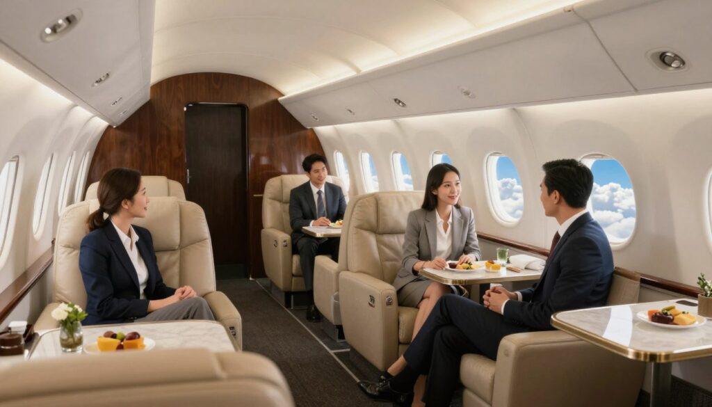 A spacious interior of a charter airplane, showcasing comfortable seating arranged in a two-by-two layout, with business professionals in smart casual attire engaged in conversation. The cabin is well-lit with soft, warm lighting, giving an inviting atmosphere. In the background, large windows reveal a stunning view of clear blue skies and fluffy white clouds. The foreground features a stylish table with refreshments, adding a touch of luxury. The overall tone is relaxed yet professional, highlighting the convenience and comfort of charter flights compared to scheduled flights. The image should capture an angle that emphasizes the welcoming interior space without any text or distractions.