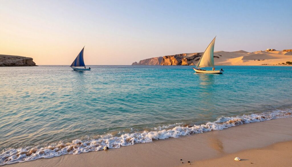 A stunning coastal view of Oman showcasing its rich marine life and vibrant waters. In the foreground, clear turquoise waves gently lap against a sandy shore, with a few seashells and small stones scattered on the beach. The middle ground features traditional fishing boats with colorful sails, bobbing lightly on the water, indicating the local fishing culture. In the background, rising above the horizon, rugged cliffs and rolling sand dunes add depth to the landscape. The sky is a blend of soft pastel colors as the sun sets, casting a warm golden glow on the water's surface, highlighting its clarity and beauty. The atmosphere is serene and inviting, perfect for illustrating Oman’s maritime surroundings. Use a wide-angle lens perspective to capture the expanse of the coast.