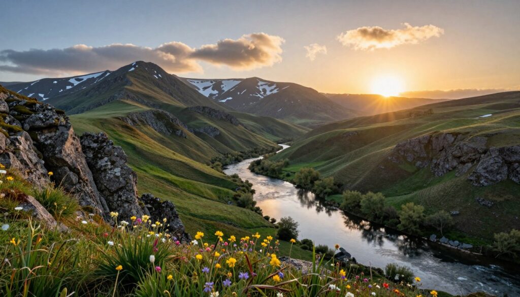 A stunning landscape featuring the diverse terrain of Portugal, showcasing majestic mountains and flowing rivers. In the foreground, vibrant wildflowers and rocky outcrops frame a meandering river, reflecting the surrounding greenery. The middle ground reveals rolling hills and towering peaks, dusted with patches of snow, capturing the rugged beauty of the landscape. In the background, the sun sets behind distant mountains, bathing the scene in warm golden light, with soft clouds scattered across the sky. The composition uses a wide-angle perspective, emphasizing the grand scale of the terrain while maintaining a serene and inviting atmosphere. The overall mood is tranquil and picturesque, capturing the essence of Portugal's varied geography.