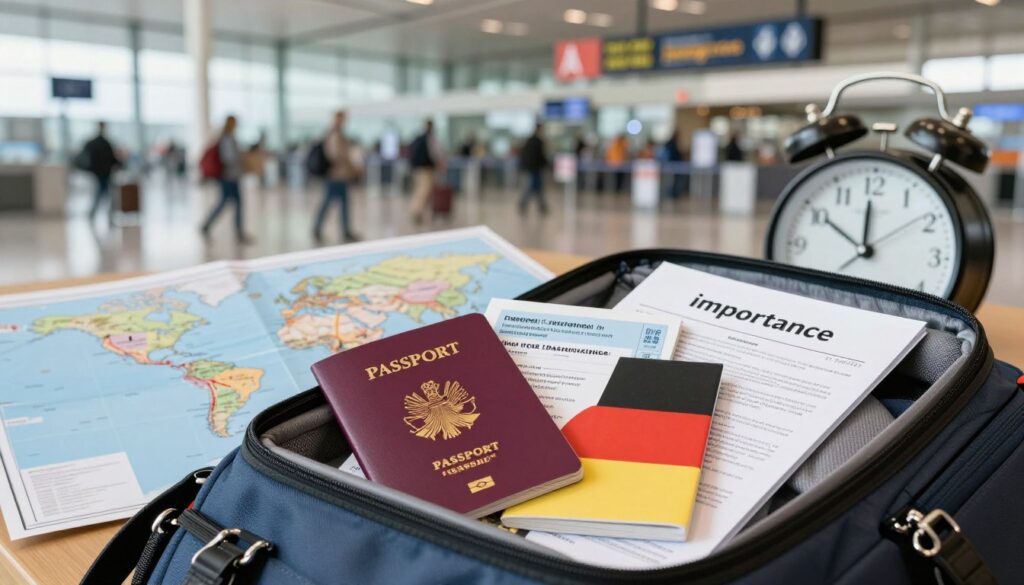 A thoughtful representation of the concept of "importance," focusing on essential travel documents for a journey to Germany. In the foreground, a well-organized traveler's backpack sits open, showcasing a neatly arranged passport, visa, travel insurance papers, and a guidebook. The middle ground features a world map with a highlighted route to Germany, alongside a clock showing the time to emphasize urgency. In the background, a blurred airport scene with travelers and security checkpoints conveys a sense of movement and anticipation. Soft, natural lighting enhances the scene, creating a warm and inviting atmosphere. The composition should reflect a blend of organization and urgency, illustrating the importance of document readiness in travel emergencies.