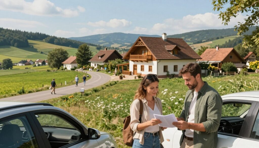 A tranquil scene depicting a Romanian countryside town, showcasing a welcoming guesthouse with a charming facade. In the foreground, a professional-looking couple stands beside a parked car, reviewing travel documents while dressed in modest casual clothing. The middle ground features lush green fields and a winding road leading to the guesthouse, with a few locals strolling, adding life to the scene. In the background, rolling hills and distant mountains under a bright blue sky create an inviting atmosphere. Soft, warm lighting enhances the mood of exploration and adventure, captured from a slightly elevated angle to encompass the environment and emphasize the journey aspect of travel in Romania.