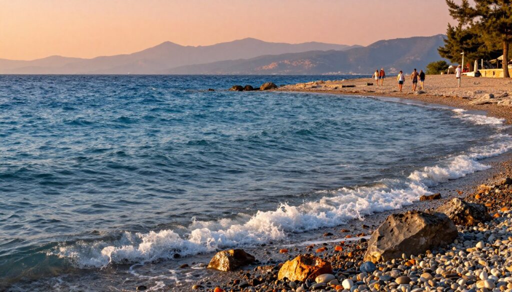 A tranquil seaside scene depicting the coastal waters surrounding Turkey, showcasing the vibrant blue of the Aegean and the Mediterranean seas. In the foreground, gentle waves lap against rocky shores, with small clusters of colourful pebbles reflecting sunlight. In the middle ground, a serene beach stretches out, where a few people in modest casual attire stroll along the sand, their figures silhouetted by the warm golden hour lighting. The background features distant mountains softly fading into the horizon, under a sky painted in warm hues of orange and pink, suggesting sunset. The atmosphere is peaceful and inviting, ideal for illustrating the maritime borders of Turkey and its rich coastal regions.