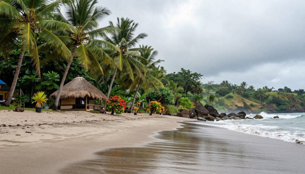 A tranquil tropical beach in Bali during the rainy season, featuring lush green palm trees swaying gently in a soft breeze. The foreground showcases smooth, wet sand glistening under diffused soft sunlight breaking through gray clouds. In the middle ground, a small traditional Balinese hut with a thatched roof is nestled among vibrant flowering plants. The background captures a dramatic shoreline with gentle waves lapping against rocks, and rolling hills covered in dense foliage. The mood is serene and inviting, emphasizing the beauty of Bali's natural landscape even during the rainy season. Use a wide-angle lens to emphasize depth and include a muted color palette to reflect the atmospheric conditions.