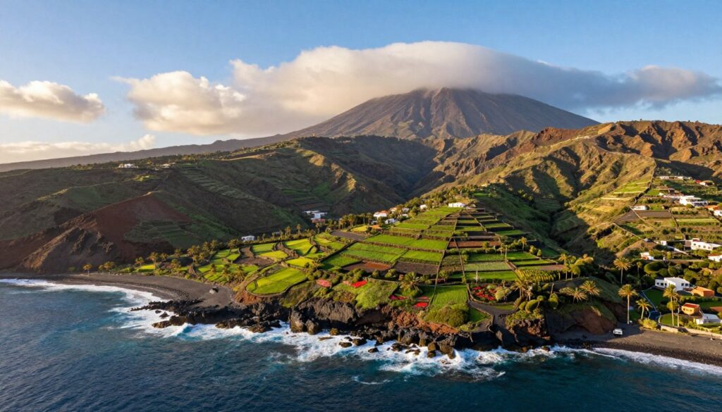 A vibrant aerial view of the Canary Islands archipelago, focusing on Tenerife, with its rugged coastlines, lush green valleys, and the iconic Mount Teide in the distance. The foreground features gentle waves lapping against the rocky shores, while the middle ground showcases volcanic landscapes and terraced fields, dotted with colorful flowers and palm trees. The background displays a clear blue sky with soft, fluffy clouds creating a serene atmosphere. Golden sunlight filters through the clouds, casting a warm glow over the scenery, enhancing the lushness of the vegetation. The image captures the essence of a “land of eternal spring,” highlighting the natural beauty of this unique destination in the Atlantic Ocean.