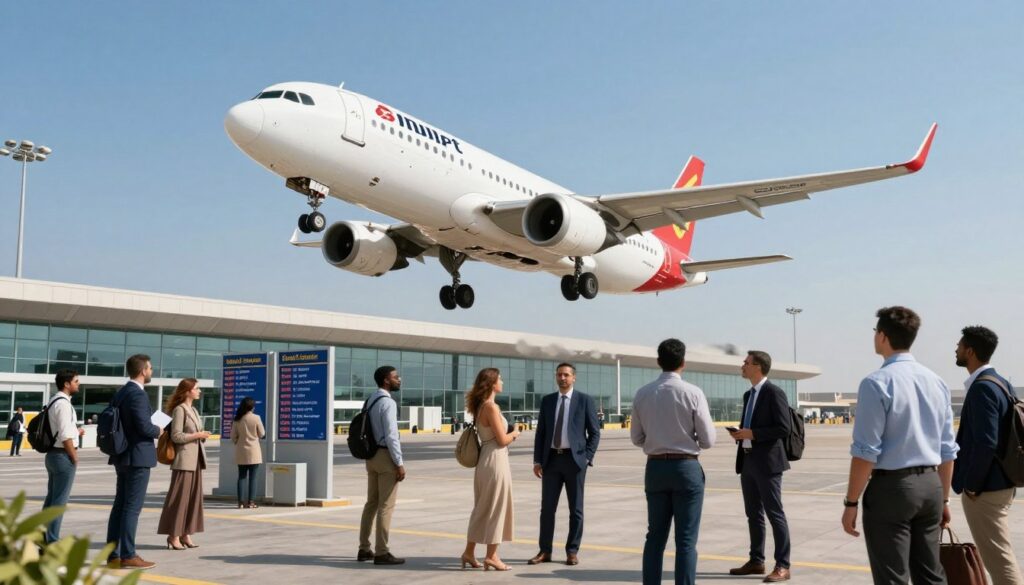 A vibrant airport landscape showcasing a busy aviation hub with direct flights to Egypt. In the foreground, a modern airplane is taking off, its wings spread wide against a clear blue sky, symbolizing direct travel. In the middle ground, a group of diverse travelers, dressed in professional business attire and modest casual clothing, gather around informational boards displaying flight details. The background features a well-designed terminal building with large glass windows reflecting sunlight, enhancing the bright atmosphere. Soft, natural lighting floods the scene, creating a sense of optimism and excitement about traveling to Egypt. The overall mood evokes adventure and convenience, emphasizing the theme of direct flights. A vibrant airport landscape showcasing a busy aviation hub with direct flights to Egypt. In the foreground, a modern airplane is taking off, its wings spread wide against a clear blue sky, symbolizing direct travel. In the middle ground, a group of diverse travelers, dressed in professional business attire and modest casual clothing, gather around informational boards displaying flight details. The background features a well-designed terminal building with large glass windows reflecting sunlight, enhancing the bright atmosphere. Soft, natural lighting floods the scene, creating a sense of optimism and excitement about traveling to Egypt. The overall mood evokes adventure and convenience, emphasizing the theme of direct flights.