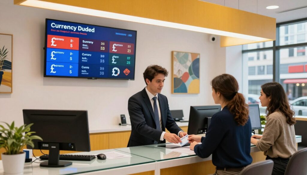 A vibrant and modern currency exchange office interior, featuring sleek design elements such as glass counters and digital displays showing real-time currency rates. In the foreground, a well-dressed professional assisting a customer, both engaged in a transaction involving British pounds. Middle ground focuses on a digital display board showcasing various currencies, including the British pound, with an inviting atmosphere enhanced by warm, overhead lighting. In the background, contemporary artwork adorns the walls, and large windows reveal a bustling city view, emphasizing the convenience of online currency exchange. The overall mood is professional, efficient, and welcoming, ideal for illustrating currency exchange options in Poland. A vibrant and modern currency exchange office interior, featuring sleek design elements such as glass counters and digital displays showing real-time currency rates. In the foreground, a well-dressed professional assisting a customer, both engaged in a transaction involving British pounds. Middle ground focuses on a digital display board showcasing various currencies, including the British pound, with an inviting atmosphere enhanced by warm, overhead lighting. In the background, contemporary artwork adorns the walls, and large windows reveal a bustling city view, emphasizing the convenience of online currency exchange. The overall mood is professional, efficient, and welcoming, ideal for illustrating currency exchange options in Poland.