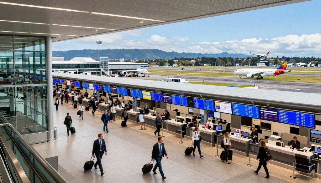 A vibrant scene depicting New Zealand's international airports, showcasing both Auckland and Wellington. In the foreground, modern airport terminals with large glass facades, featuring travelers in professional business attire and casual wear, moving with luggage. The middle layer captures busy check-in counters and large digital screens displaying flight information. The background features a clear sky with distant mountains, symbolizing New Zealand's stunning landscapes, and planes taking off and landing on runways. The lighting is bright and inviting, emphasizing the terminals' welcoming atmosphere. The angle is slightly elevated, providing a panoramic view of the airport and emphasizing the sense of travel and connection. The mood is dynamic and energetic, reflecting the excitement of international travel. A vibrant scene depicting New Zealand's international airports, showcasing both Auckland and Wellington. In the foreground, modern airport terminals with large glass facades, featuring travelers in professional business attire and casual wear, moving with luggage. The middle layer captures busy check-in counters and large digital screens displaying flight information. The background features a clear sky with distant mountains, symbolizing New Zealand's stunning landscapes, and planes taking off and landing on runways. The lighting is bright and inviting, emphasizing the terminals' welcoming atmosphere. The angle is slightly elevated, providing a panoramic view of the airport and emphasizing the sense of travel and connection. The mood is dynamic and energetic, reflecting the excitement of international travel.
