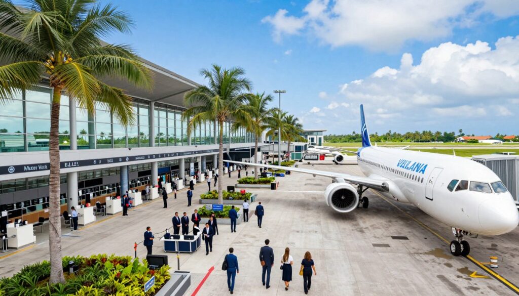 A vibrant scene of Velana International Airport (MLE) in the Maldives, showcasing its modern architecture and tropical surroundings. In the foreground, capture sleek airplanes taxiing and passengers in professional business attire waiting in a well-organized terminal filled with palm trees and large windows letting in bright, natural light. In the middle ground, depict staff assisting travelers at check-in counters and security lines bustling with movement. The background features rich blue skies, scattered clouds, and verdant green landscapes characteristic of the Maldives. The mood should be welcoming and vibrant, reflecting the excitement of travel in a tropical setting. Use a wide-angle perspective to encompass the airport's scale, with soft lighting to enhance the serene atmosphere. A vibrant scene of Velana International Airport (MLE) in the Maldives, showcasing its modern architecture and tropical surroundings. In the foreground, capture sleek airplanes taxiing and passengers in professional business attire waiting in a well-organized terminal filled with palm trees and large windows letting in bright, natural light. In the middle ground, depict staff assisting travelers at check-in counters and security lines bustling with movement. The background features rich blue skies, scattered clouds, and verdant green landscapes characteristic of the Maldives. The mood should be welcoming and vibrant, reflecting the excitement of travel in a tropical setting. Use a wide-angle perspective to encompass the airport's scale, with soft lighting to enhance the serene atmosphere.