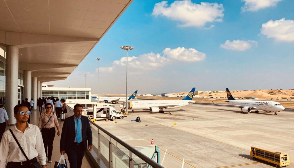 A vibrant view of Marsa Alam Airport, showcasing the modern architecture of the terminal building in the foreground, with passengers in professional attire or modest casual clothing arriving and departing, capturing a sense of excitement and anticipation. The middle ground features various aircraft parked on the runway, with a clear blue sky above and some scattered white clouds, suggesting a perfect travel day. In the background, the arid desert landscape gently slopes toward the horizon, offering a glimpse of the stunning Red Sea. The scene is illuminated by bright, warm sunlight, creating a welcoming atmosphere. The perspective is slightly elevated, conveying a comprehensive view of the airport's activity and surrounding beauty.
