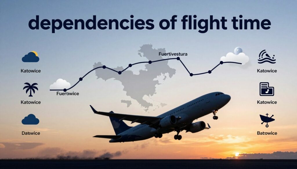 A visually striking infographic illustrating the "dependencies of flight time" from Katowice to Fuerteventura. In the foreground, include detailed silhouettes of an airplane taking off, symbolizing the flight journey, along with icons representing various factors affecting flight duration, such as weather, distance, and air traffic. The middle layer should feature a stylized map that highlights the route between Katowice and Fuerteventura, with waves and clouds subtly integrated to indicate aerodynamics. In the background, create a soft gradient sky transitioning from blue to sunset hues, evoking a sense of travel and exploration. Utilize a warm, inviting light to enhance the atmosphere, depicting both professionalism and excitement for the journey ahead.