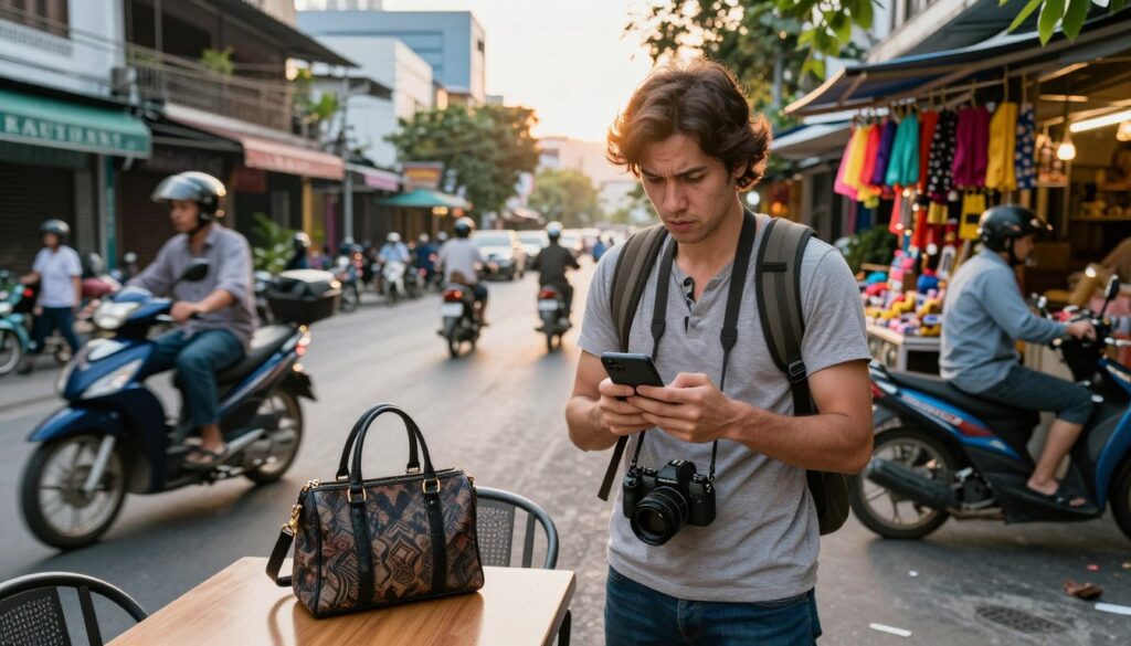 A vivid street scene in a bustling urban environment in Vietnam, highlighting the theme of personal belongings protection. In the foreground, a worried traveler with a backpack watches their smartphone and camera closely, ensuring their safety. The traveler, dressed in modest casual clothing, stands against a backdrop of scooters whizzing by, indicative of the local transportation. In the middle ground, a stylish handbag rests on a cafe table, while a nearby street vendor's stall displays colorful goods. The background features tall buildings with a warm sunset glow, casting soft shadows across the scene. The mood is tense yet vibrant, capturing the essence of navigating safety in a lively city. Use natural lighting to enhance colors and create depth, focusing on the traveler’s expression of vigilance.