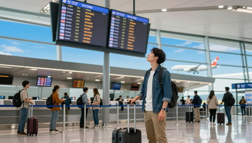 A well-lit airport terminal scene depicting a traveler checking flight information on a digital display board. In the foreground, a person in smart casual attire is seen with a travel suitcase, looking up with a thoughtful expression. The middle ground features a busy check-in area with other travelers, some waiting in line and others engaged in conversations about their journeys. In the background, large windows reveal a vibrant blue sky and planes preparing for takeoff, symbolizing travel connections. The mood is a blend of anticipation and excitement, highlighting the theme of layovers and the journey ahead. The lighting should be bright and natural, creating an inviting atmosphere. The angle is slightly upward, capturing the bustling activity of the airport environment. A well-lit airport terminal scene depicting a traveler checking flight information on a digital display board. In the foreground, a person in smart casual attire is seen with a travel suitcase, looking up with a thoughtful expression. The middle ground features a busy check-in area with other travelers, some waiting in line and others engaged in conversations about their journeys. In the background, large windows reveal a vibrant blue sky and planes preparing for takeoff, symbolizing travel connections. The mood is a blend of anticipation and excitement, highlighting the theme of layovers and the journey ahead. The lighting should be bright and natural, creating an inviting atmosphere. The angle is slightly upward, capturing the bustling activity of the airport environment.
