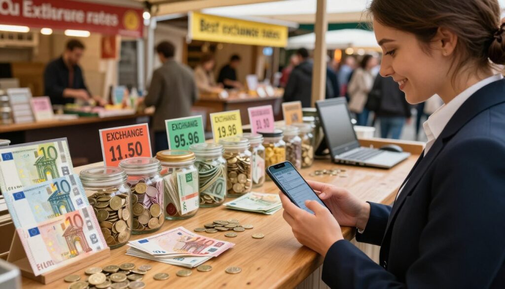 A well-organized currency exchange kiosk set in an inviting market atmosphere, showcasing various euro banknotes and coins in attractive displays. In the foreground, a professional businessperson in smart attire is using a smartphone to check exchange rates, with a slight smile, showing satisfaction. In the middle, a polished wooden counter filled with glass jars containing different currencies, surrounded by colorful signs indicating exchange rates. In the background, bustling market stalls with people casually shopping, bright banners advertising the best exchange rates. The lighting is warm and inviting, creating a friendly and professional atmosphere. The camera angle is slightly elevated, capturing the vibrancy of the market while highlighting the currency exchange theme. A well-organized currency exchange kiosk set in an inviting market atmosphere, showcasing various euro banknotes and coins in attractive displays. In the foreground, a professional businessperson in smart attire is using a smartphone to check exchange rates, with a slight smile, showing satisfaction. In the middle, a polished wooden counter filled with glass jars containing different currencies, surrounded by colorful signs indicating exchange rates. In the background, bustling market stalls with people casually shopping, bright banners advertising the best exchange rates. The lighting is warm and inviting, creating a friendly and professional atmosphere. The camera angle is slightly elevated, capturing the vibrancy of the market while highlighting the currency exchange theme.