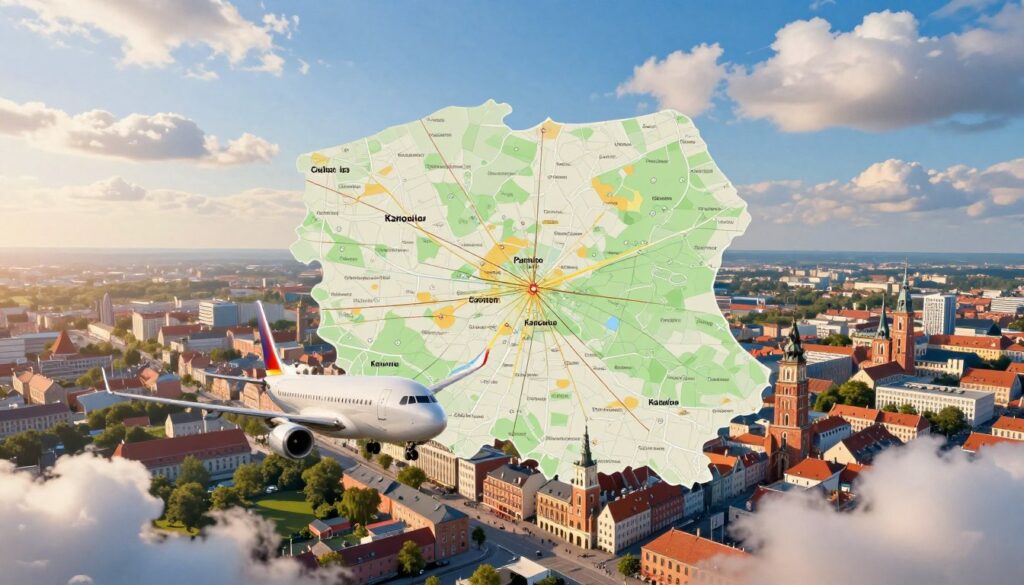An aerial view of Poland showcasing major cities such as Kraków, Gdańsk, Wrocław, and Katowice. The foreground features an airplane flying above, symbolizing international travel. In the middle ground, a detailed map of Poland with clearly marked city locations and flight paths. The background displays a bright blue sky blended with cotton candy clouds, reflecting a sunny day, enhancing the sense of adventure. The lighting is warm, suggestive of a late afternoon sun, casting soft shadows. The atmosphere is optimistic and dynamic, evoking a sense of exploration and connectivity. The composition conveys both urban and natural elements of Poland, making it inviting for travelers. An aerial view of Poland showcasing major cities such as Kraków, Gdańsk, Wrocław, and Katowice. The foreground features an airplane flying above, symbolizing international travel. In the middle ground, a detailed map of Poland with clearly marked city locations and flight paths. The background displays a bright blue sky blended with cotton candy clouds, reflecting a sunny day, enhancing the sense of adventure. The lighting is warm, suggestive of a late afternoon sun, casting soft shadows. The atmosphere is optimistic and dynamic, evoking a sense of exploration and connectivity. The composition conveys both urban and natural elements of Poland, making it inviting for travelers.