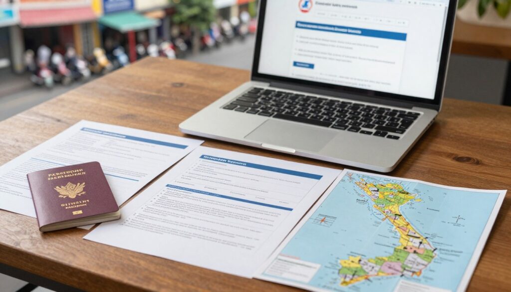 An organized desk scene featuring various important documents laid out neatly. In the foreground, focus on a passport, a travel insurance policy, and a map of Vietnam, all well-lit to highlight their details. In the middle ground, include a laptop displaying a legal website relevant to travel problems, emphasizing the theme of assistance and safety. The background shows a blurred image of a cityscape from a Vietnamese city, hinting at urban life with motorbikes and street vendors, but not too distracting. Soft, natural lighting creates a warm and inviting atmosphere, enhancing the mood of safety and preparedness. The angle is slightly above eye-level to provide a clear view of the documents and the laptop, conveying a sense of professionalism and seriousness about travel safety.