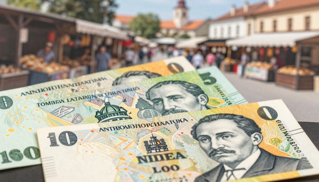 A beautifully illustrated representation of the Romanian leu, showcasing its historical evolution and unique banknotes. In the foreground, display a detailed close-up of various Romanian banknotes, highlighting their intricate designs, vibrant colors, and security features, with emphasis on their historical figures and landmarks. The middle ground features a softly blurred image of a vintage Romanian marketplace to evoke a sense of history and commerce. In the background, a subtle hint of Romanian architecture can be seen, adding depth to the scene. Natural lighting enhances the textures of the banknotes while soft shadows create a warm atmosphere, suggesting both nostalgia and the rich cultural heritage of Romania. The overall mood is informative and engaging, perfect for illustrating a historical overview.
