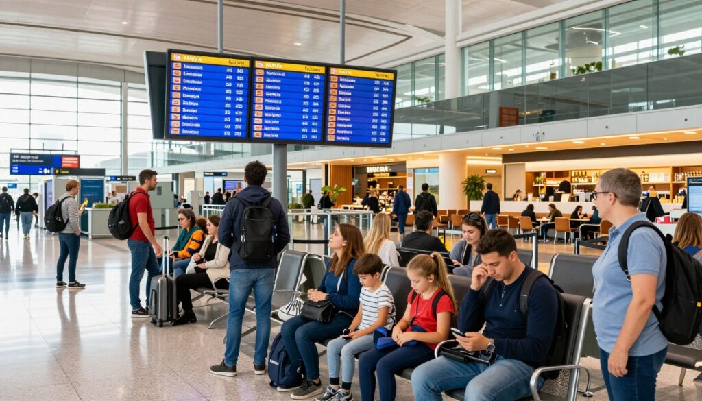 A bustling European airport departure terminal, showcasing passengers of diverse descent patiently waiting. In the foreground, a family with children are checking flight schedules, dressed in smart casual clothing. In the middle, onlookers admire the large digital displays indicating flights to Alanya, Turkey, surrounded by modern architecture featuring glass and steel. The background features sleek, contemporary design elements like shops and cafes, illuminated by warm, inviting overhead lighting. Natural daylight streams in through expansive windows, enhancing the vibrant atmosphere. Overall, capture a sense of excitement and anticipation as travelers prepare for their journey to the Turkish Riviera. Focus on sharp details and a lively ambiance, ensuring the image is clear and bright, reminiscent of an adventure beginning.