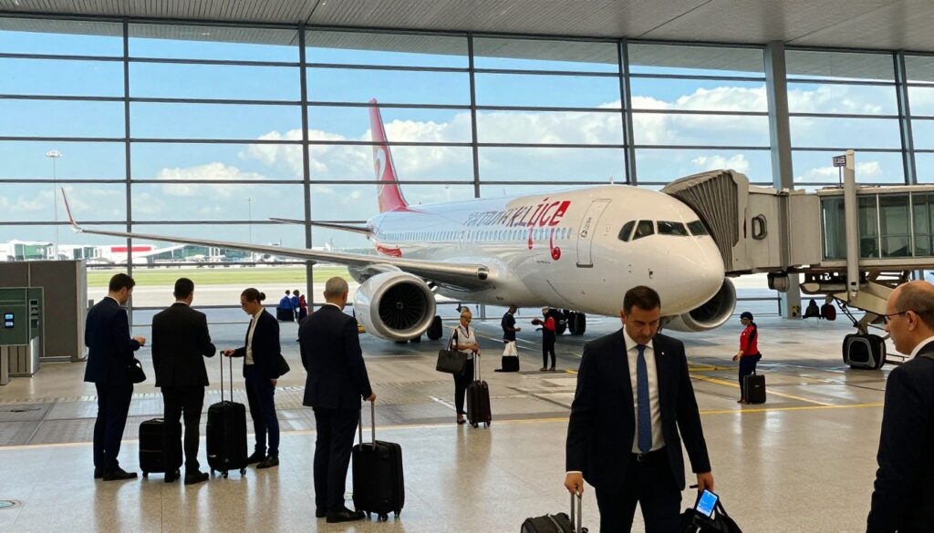 A bustling Turkish airport scene, showcasing modern architecture and dynamic activity. In the foreground, travelers in professional business attire are seen checking flight information and gathering luggage, capturing a sense of anticipation. The middle ground features sleek aircraft lined up at departure gates, with cabin crew preparing for boarding. The background reveals large glass windows framing the bright blue sky, allowing soft midday light to filter in, enhancing the vibrant atmosphere. The overall mood is one of excitement and readiness, symbolizing the journey from Turkey to Poland, while maintaining a clean, focused composition without any text or distractions.