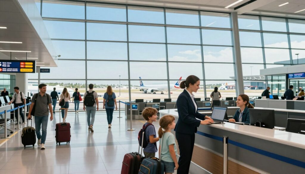 A bustling airport scene showcasing the striking architecture of Larnaka and Pafos airports. In the foreground, an airline check-in desk occupied by a well-dressed travel agent assisting a family with their luggage, all smiling and eager for their journey. The middle features travelers moving through security, with illuminated signboards directing passengers, creating a sense of dynamic motion. The background captures large glass windows revealing planes taxiing on the runway under a bright blue sky, reflecting a sunny and welcoming atmosphere. Soft, natural daylight floods the interior, highlighting the modern design elements of the airport with a clean and vibrant ambiance. The overall mood is one of excitement and anticipation, perfect for the travel theme.