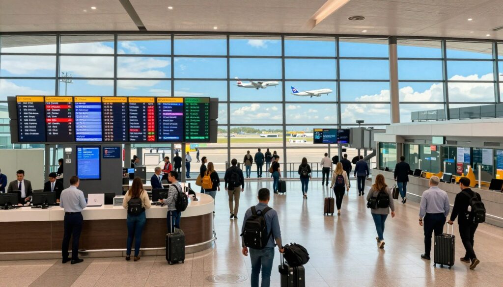 A bustling airport terminal filled with travelers, showcasing diverse individuals in professional and casual attire, moving toward various gates. In the foreground, a well-organized information desk displays flight schedules and transfer options, highlighting major hubs for flights to Kenya. The middle ground features a digital display board with destinations and departure times, vibrant with activity. In the background, large windows reveal airplanes taking off under a bright blue sky, symbolizing international travel. Soft, natural lighting filters through the terminal, creating a welcoming atmosphere. The overall mood is one of excitement and anticipation, as people embark on their journey to Kenya.