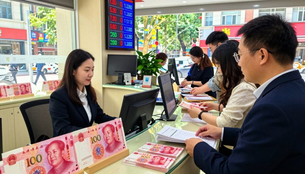 A bustling currency exchange office in China, showcasing a variety of Chinese yuan banknotes prominently displayed on the counter. In the foreground, a professional-looking exchange officer in business attire assists a diverse group of customers, illustrating a friendly interaction. The middle ground features a vibrant, well-lit exchange area with digital displays showing currency rates, surrounded by sleek, modern decor. In the background, a large window offers a glimpse of a busy city street with pedestrians, reflecting the lively atmosphere of urban life. The scene is bathed in natural sunlight, creating a warm and inviting mood, with a focus on dynamic storytelling within the financial context.