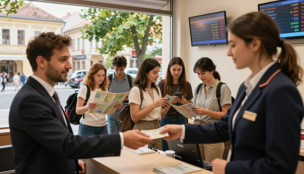 A bustling currency exchange office in Hungary, filled with travelers. In the foreground, a professional-looking man in a business suit is handing over cash to a friendly cashier, who is wearing a smart uniform. The middle ground features a diverse group of people waiting in line, including tourists with maps and locals casually dressed, examining currency rates displayed on digital screens. In the background, large windows reveal a sunlit street scene typical of a Hungarian city, with traditional architecture and lush green trees lining the sidewalk. The lighting is warm and inviting, creating an atmosphere of activity and anticipation. The image captures the essence of currency exchange in Hungary, showcasing both professionalism and the lively energy of the economy.