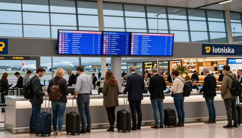 A bustling international airport terminal filled with travelers and signs indicating destinations, representing a lively scene of "lotniska". In the foreground, a diverse group of people dressed in professional business attire and modest casual clothing is checking in at a modern airline desk, with luggage in hand. The middle of the image features large digital flight information screens displaying flights to popular Turkish destinations, surrounded by shops and cafes. In the background, large glass windows showcase airplanes on the runway against a clear blue sky. The lighting is bright and welcoming, capturing the excitement and energy of travel. A depth of field effect adds focus on the foreground, while blurring the background slightly. The overall mood is dynamic, showcasing the connectivity between Krakow and Turkey. A bustling international airport terminal filled with travelers and signs indicating destinations, representing a lively scene of "lotniska". In the foreground, a diverse group of people dressed in professional business attire and modest casual clothing is checking in at a modern airline desk, with luggage in hand. The middle of the image features large digital flight information screens displaying flights to popular Turkish destinations, surrounded by shops and cafes. In the background, large glass windows showcase airplanes on the runway against a clear blue sky. The lighting is bright and welcoming, capturing the excitement and energy of travel. A depth of field effect adds focus on the foreground, while blurring the background slightly. The overall mood is dynamic, showcasing the connectivity between Krakow and Turkey.