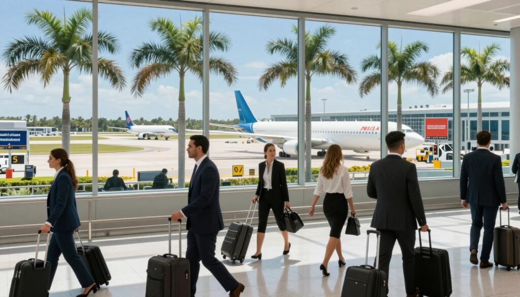 A bustling scene at Miami International Airport (MIA) showcasing a bright, sunny day. In the foreground, professional travelers in smart business attire are navigating through the modern terminal, with sleek suitcases in tow. The middle ground features large glass windows revealing a variety of aircraft—passenger jets and cargo planes—taxiing on the tarmac, surrounded by lush palm trees characteristic of Miami. The background includes vibrant airport signage and a clear blue sky, enhancing the atmosphere of travel and adventure. Use natural daylight to illuminate the scene, highlighting the excitement and energy of one of the busiest airports, captured with a wide-angle lens to include depth and movement.