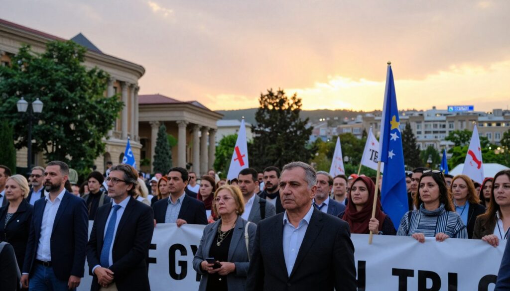 A bustling urban scene depicting a political protest in Tbilisi, Georgia. In the foreground, diverse groups of people of various ages, dressed in professional business attire or modest casual clothing, hold peaceful banners and flags symbolizing their demands. The middle ground features iconic Georgian architecture, with nearby government buildings and lush greenery adding context. In the background, a dynamic sky reflects a sunset, casting warm golden hues on the scene, while a slight haze adds depth. The atmosphere is charged yet hopeful, representing civic engagement. The image is captured with a wide-angle lens, focusing on the crowd, with soft bokeh on the background to emphasize the protesters' determination and unity. A bustling urban scene depicting a political protest in Tbilisi, Georgia. In the foreground, diverse groups of people of various ages, dressed in professional business attire or modest casual clothing, hold peaceful banners and flags symbolizing their demands. The middle ground features iconic Georgian architecture, with nearby government buildings and lush greenery adding context. In the background, a dynamic sky reflects a sunset, casting warm golden hues on the scene, while a slight haze adds depth. The atmosphere is charged yet hopeful, representing civic engagement. The image is captured with a wide-angle lens, focusing on the crowd, with soft bokeh on the background to emphasize the protesters' determination and unity.