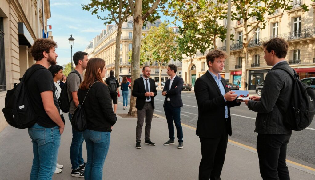 A busy Paris street scene during the day, showcasing various street scams and con artists in action. In the foreground, a group of tourists in modest casual clothing appear wary as a street performer attempts to distract them. To one side, a person representing a "petition scam" engages with an unsuspecting passerby, dressed in professional business attire. In the middle, a charismatic con artist offers an enticing "gift" to another tourist, showcasing a sense of deception. The background features iconic Parisian architecture, with trees lining the street under a bright blue sky. The lighting is warm and inviting, creating an atmosphere that is simultaneously lively and tense, emphasizing the need for caution. Shot with a wide-angle lens to capture the bustling scene. A busy Paris street scene during the day, showcasing various street scams and con artists in action. In the foreground, a group of tourists in modest casual clothing appear wary as a street performer attempts to distract them. To one side, a person representing a "petition scam" engages with an unsuspecting passerby, dressed in professional business attire. In the middle, a charismatic con artist offers an enticing "gift" to another tourist, showcasing a sense of deception. The background features iconic Parisian architecture, with trees lining the street under a bright blue sky. The lighting is warm and inviting, creating an atmosphere that is simultaneously lively and tense, emphasizing the need for caution. Shot with a wide-angle lens to capture the bustling scene.