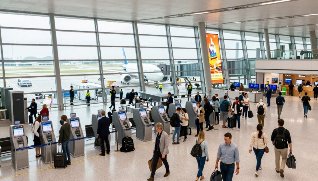 A busy airport scene showcasing travelers in professional business attire and modest casual clothing as they navigate through a modern terminal. In the foreground, a diverse group of passengers, some checking in at self-service kiosks, others waiting at the boarding gate. The middle ground features large glass windows allowing natural light to flood the space, highlighting vibrant travel-related advertisements. The background reveals planes taxiing on the runway and security personnel in uniforms, ensuring a safe environment. The atmosphere is lively yet organized, capturing the essence of travel safety. The image should have bright, clear lighting to convey a sense of openness and security, with a wide-angle perspective to encompass the bustling activity of the airport. A busy airport scene showcasing travelers in professional business attire and modest casual clothing as they navigate through a modern terminal. In the foreground, a diverse group of passengers, some checking in at self-service kiosks, others waiting at the boarding gate. The middle ground features large glass windows allowing natural light to flood the space, highlighting vibrant travel-related advertisements. The background reveals planes taxiing on the runway and security personnel in uniforms, ensuring a safe environment. The atmosphere is lively yet organized, capturing the essence of travel safety. The image should have bright, clear lighting to convey a sense of openness and security, with a wide-angle perspective to encompass the bustling activity of the airport.