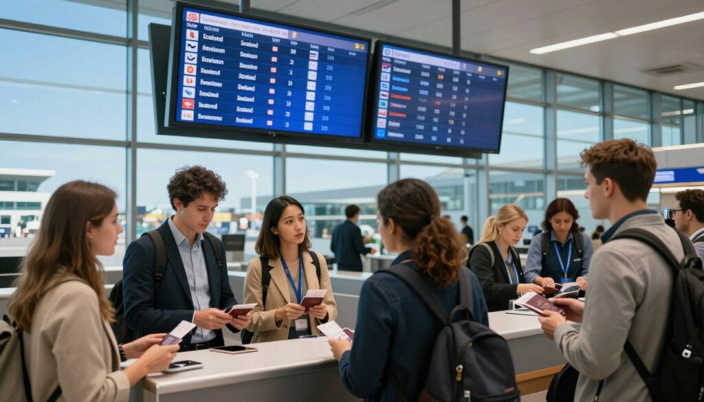 A busy airport terminal, capturing the essence of international travel. In the foreground, a diverse group of travelers—dressed in professional business attire and modest casual clothing—are checking in at an airline counter, showing their passports and tickets. The middle layer features a large digital departure board displaying flights to Iceland, with a clear blue sky visible through large glass windows behind the travelers. In the background, airport staff assist passengers, and the atmosphere is vibrant yet organized, highlighting the excitement of air travel. The lighting is bright and welcoming, creating a sense of anticipation, with a slight focus on the travelers’ expressions of eagerness and curiosity. Shot from a slightly elevated angle, this composition evokes a mood of adventure and readiness for exploration.