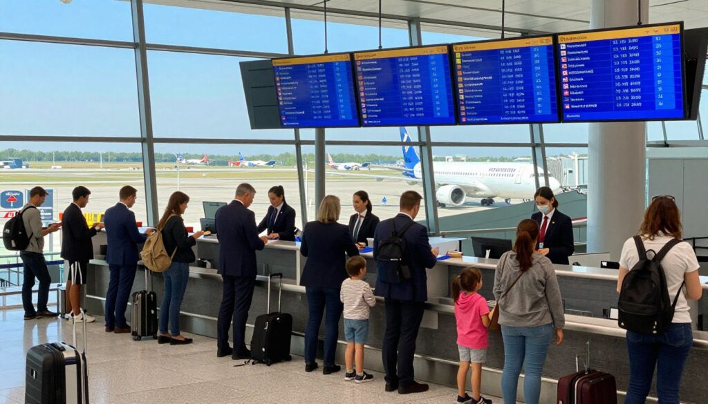 A busy airport terminal scene showcasing various airline counters and flight information displays. In the foreground, a diverse group of travelers, including business professionals in suits and families in casual wear, check in for their flights. In the middle ground, airline staff assist passengers, emphasizing the interaction between customers and airlines. The background features a panoramic view of airplanes at the gates, with a bright blue sky visible through large glass windows, hinting at various destinations including Turkey and Poland. The lighting is bright and natural, highlighting the bustling atmosphere of the airport. The mood is dynamic and energetic, capturing the anticipation of travel and the complexity of airline connections.